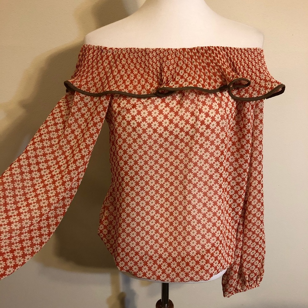 A’reve Anthropologie Red Off Shoulder Floral Top - Picture 1 of 11